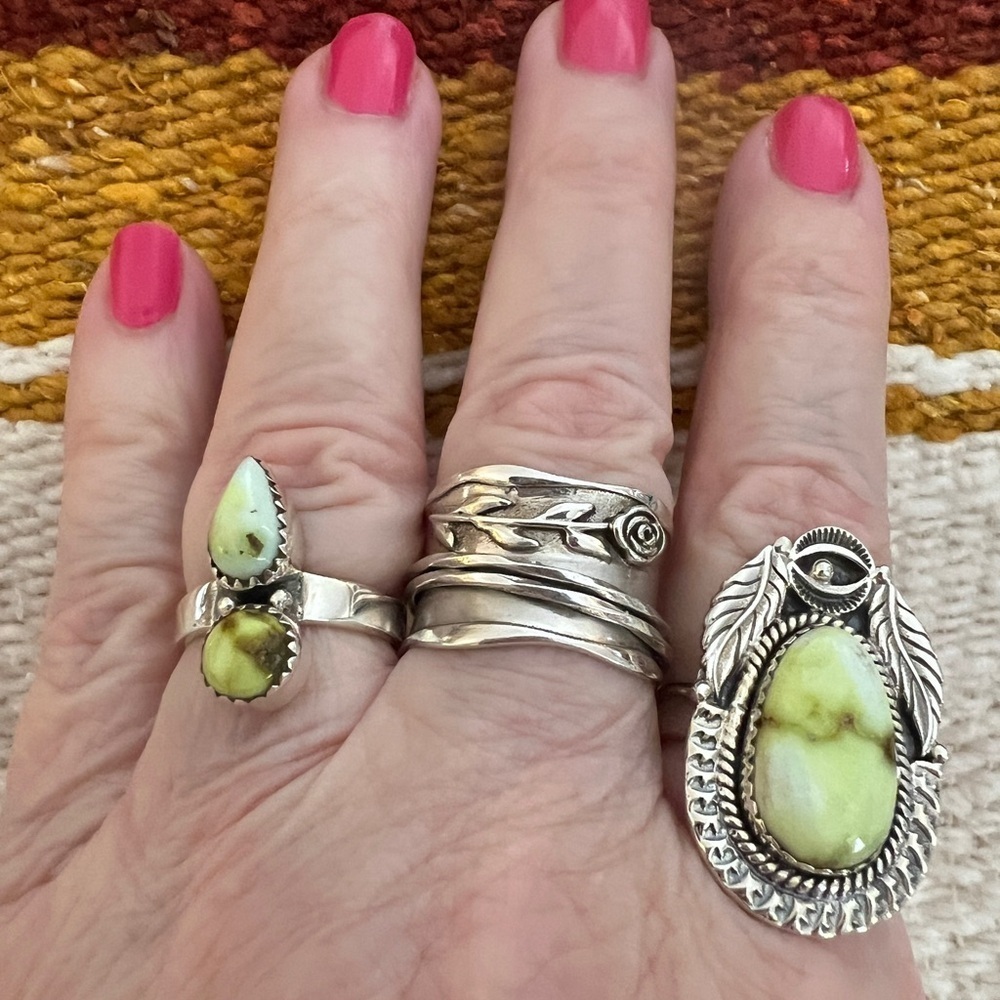 ❤️ Palomino Variscite 925 Navajo Decorative Silverwork Ring 11.2g Adjustable Sz - Picture 3 of 13